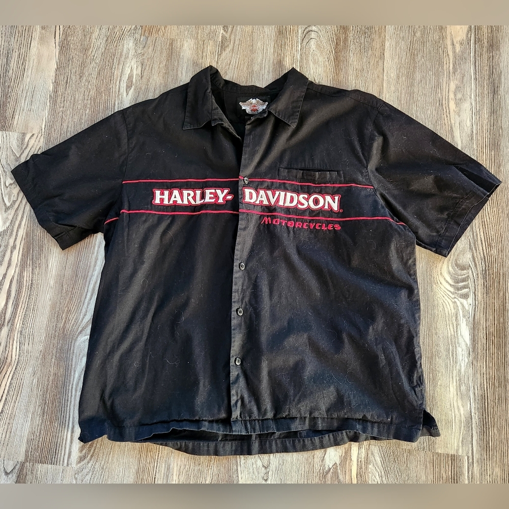 Vintage Harley Davidson Embroidered Button Up Shirt Black Short Sleeve Mens XXL